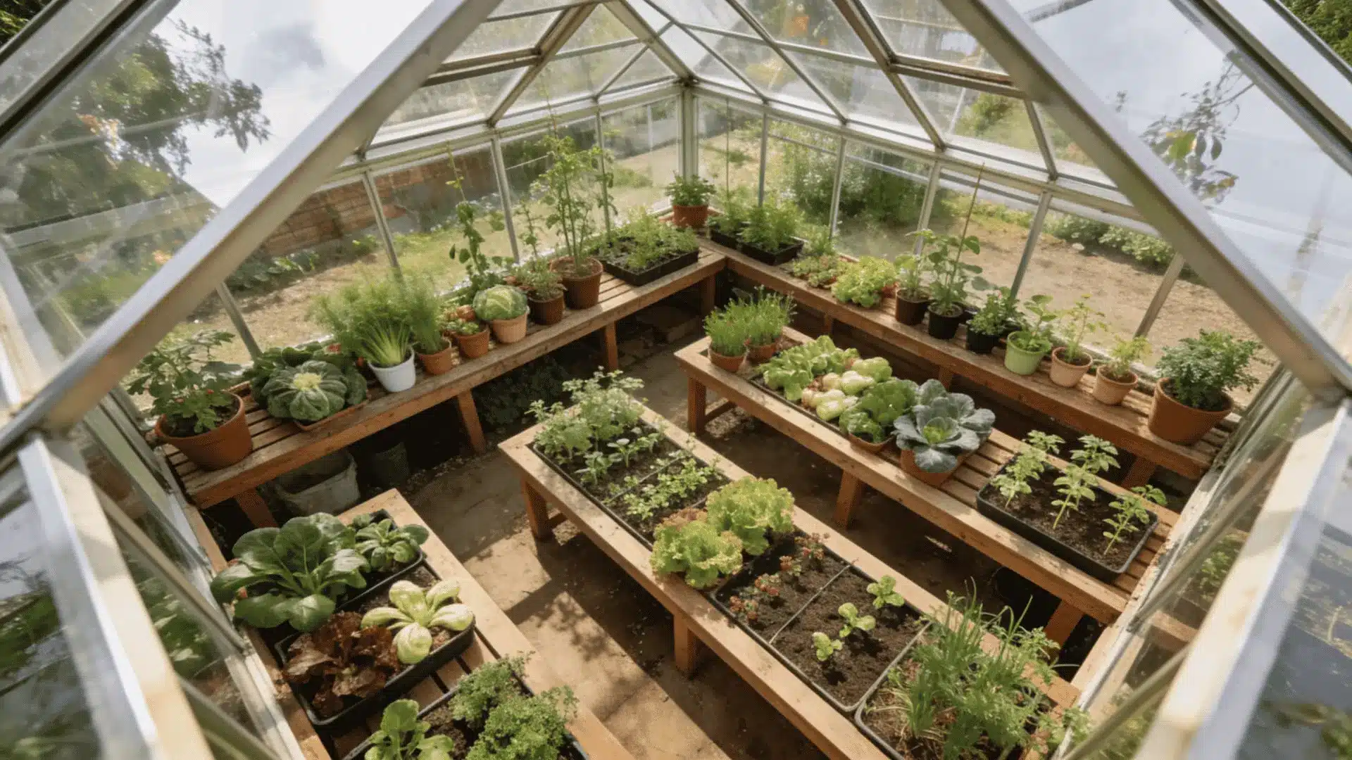 sunlit greenhouse with wooden benches holding potted herbs leafy vegetables and seedlings under glass panels