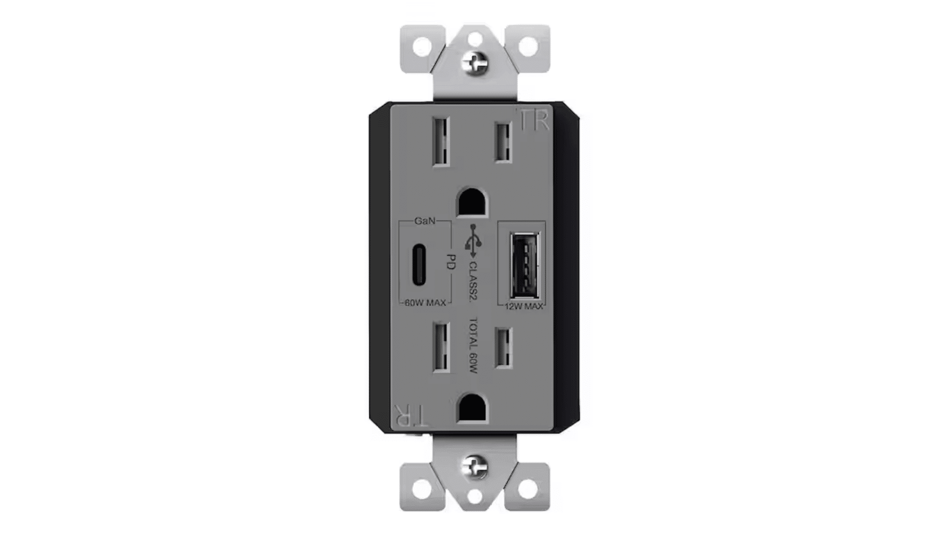 grey and black usb smart outlet with specififc slots for usbc and micro usb