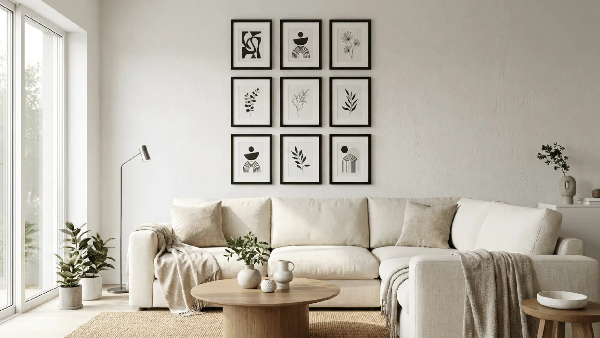 grid gallery wall with matching black frames arranged evenly above living room sofa