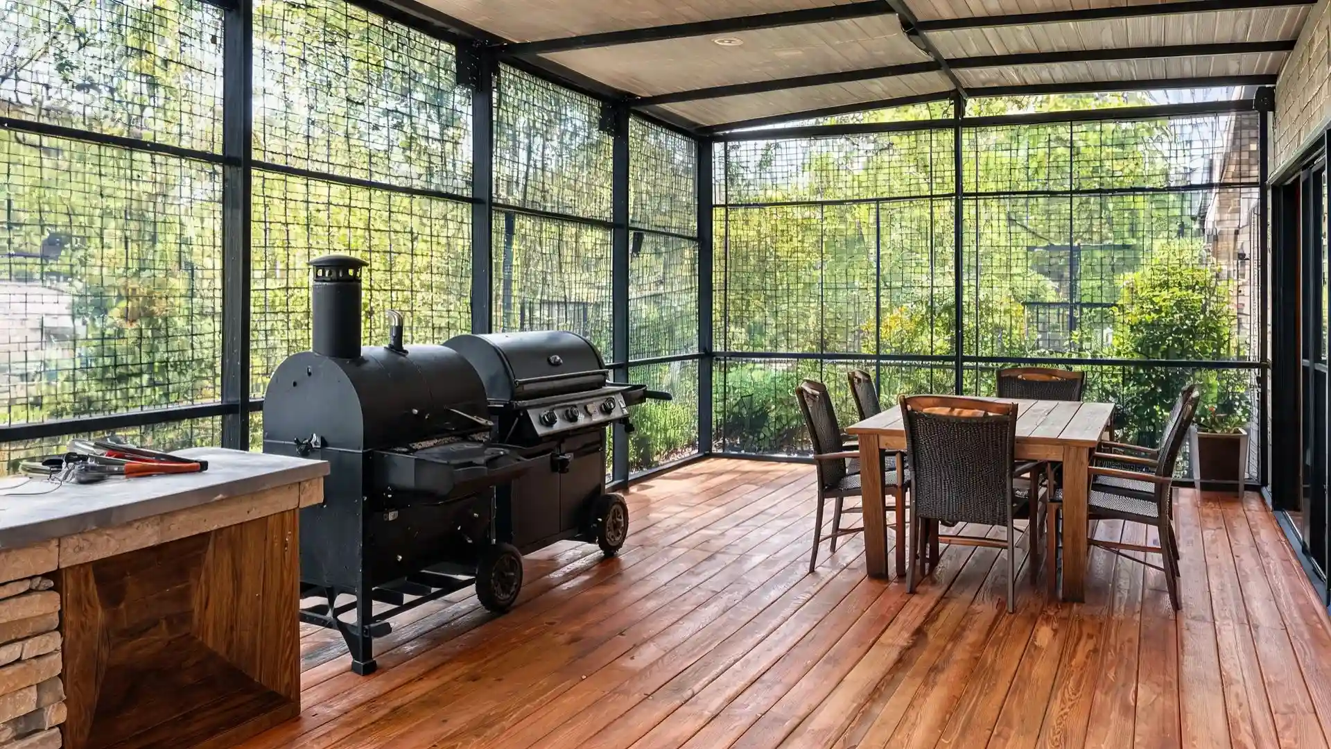 Claude responded: large black barrel smoker beside a stone prep counter on warm wood plank decking with a four-seat dining setlarge black barrel smoker beside a stone prep counter on warm wood plank decking with a four-seat dining set
