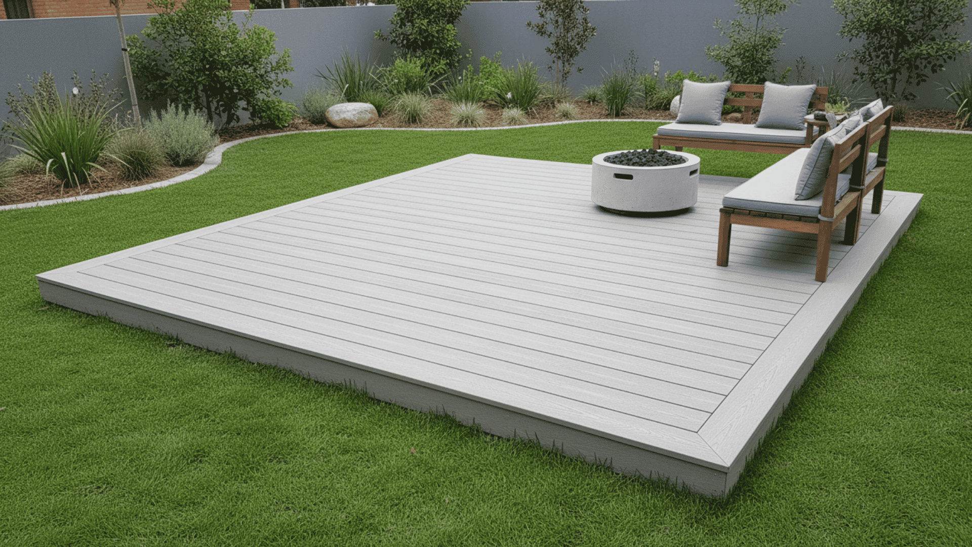 ground level composite platform deck with simple modern backyard landscaping