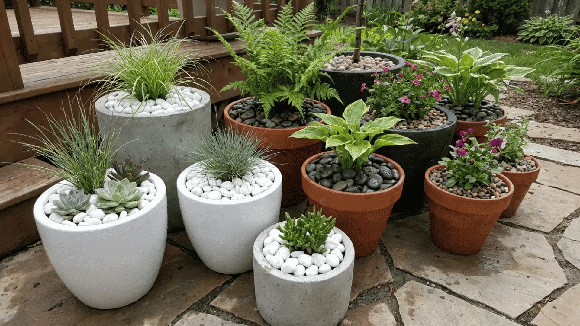 group of potted plants with succulents grasses and flowers arranged on stone patio beside wooden deck
