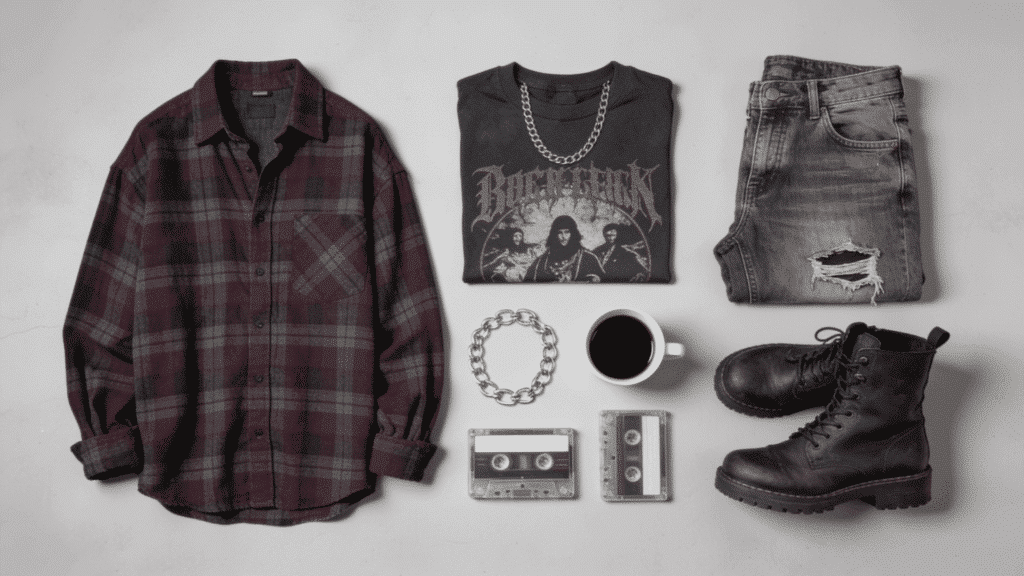 grunge aesthetic with oversized flannel ripped jeans combat boots and layered silver accessories
