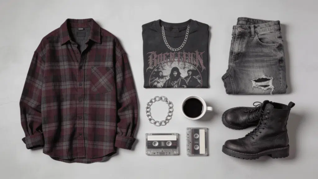 grunge aesthetic with oversized flannel ripped jeans combat boots and layered silver accessories