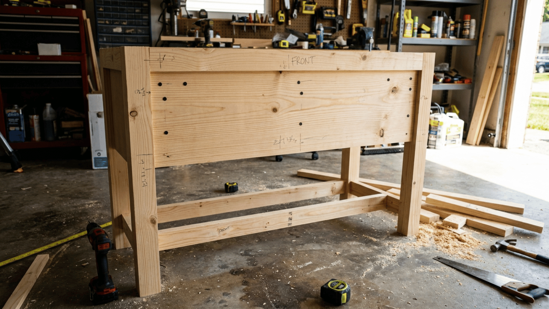 half built vanity frame on a garage floor with back rails attached and the back left open