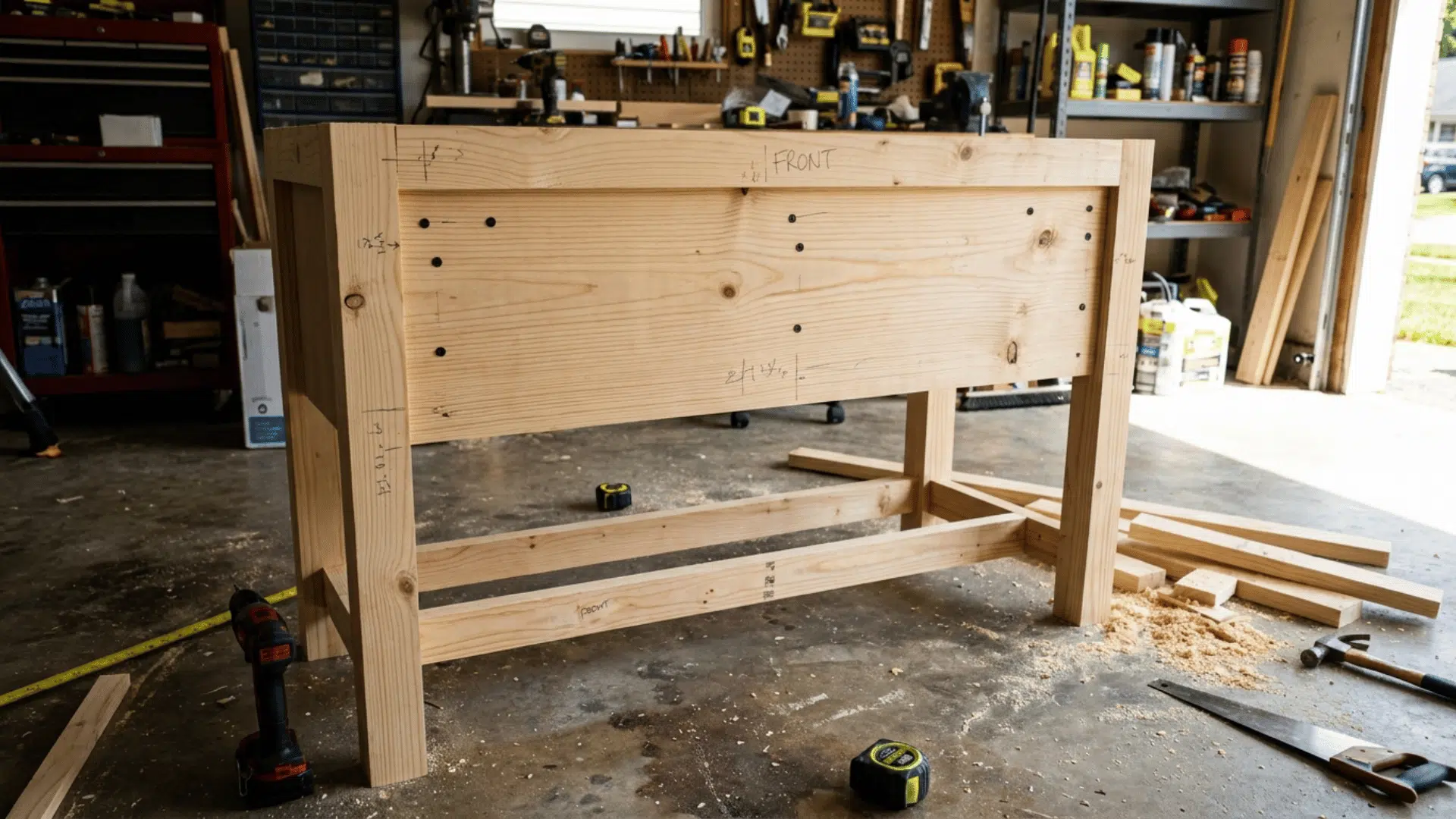 half built vanity frame on a garage floor with back rails attached and the back left open