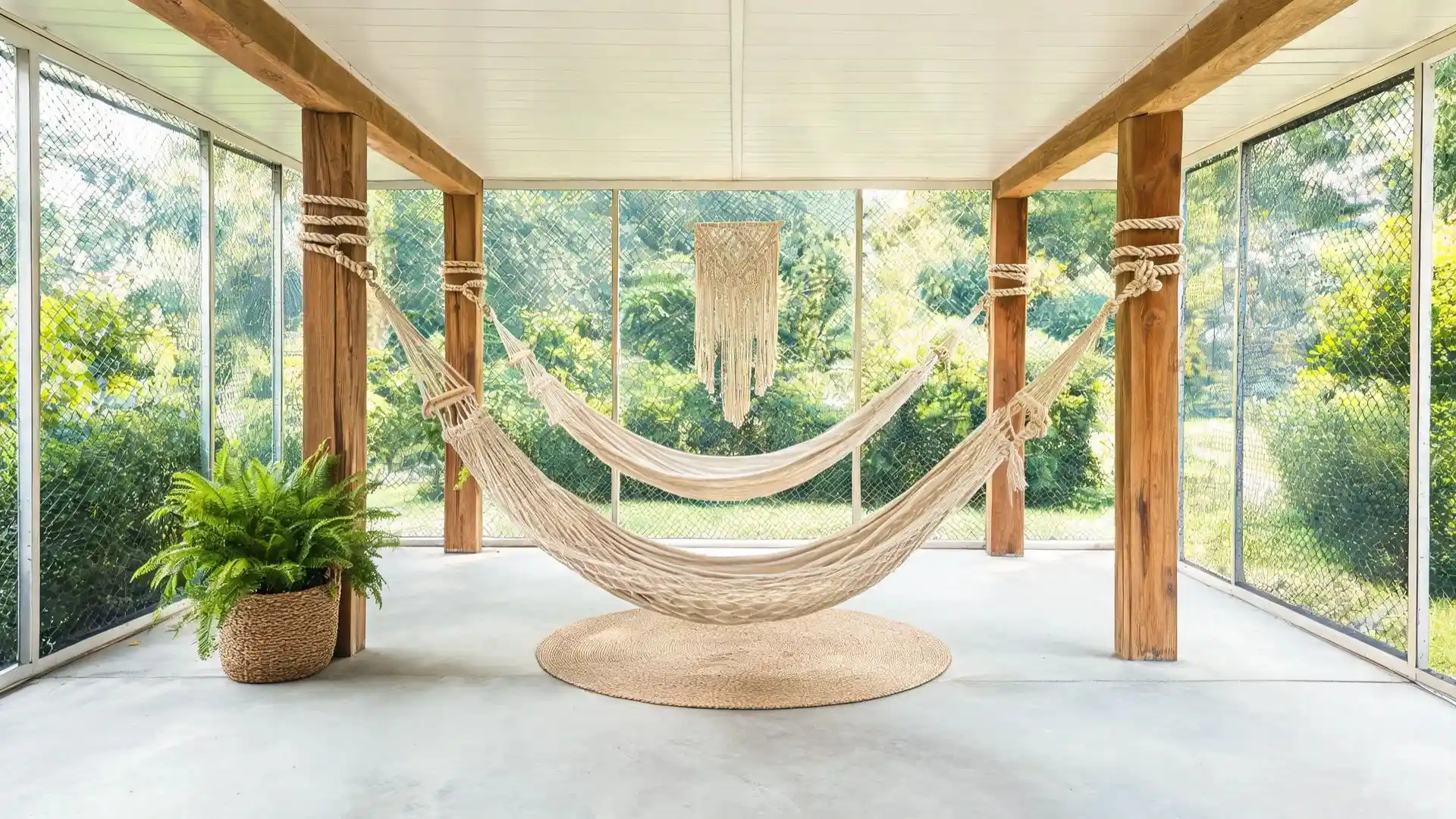 12:46 PMClaude responded: woven cotton hammock tied to two thick wooden posts above a round jute rug with a fern in a basket beside itwoven cotton hammock tied to two thick wooden posts above a round jute rug with a fern in a basket beside it