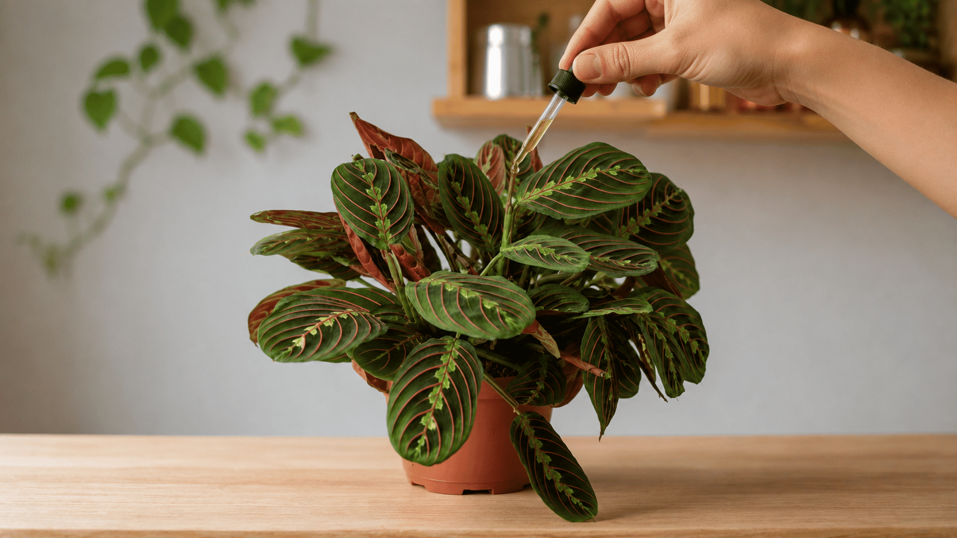 hand applying liquid fertilizer with a dropper to a healthy prayer plant on a wooden table in a bright indoor space