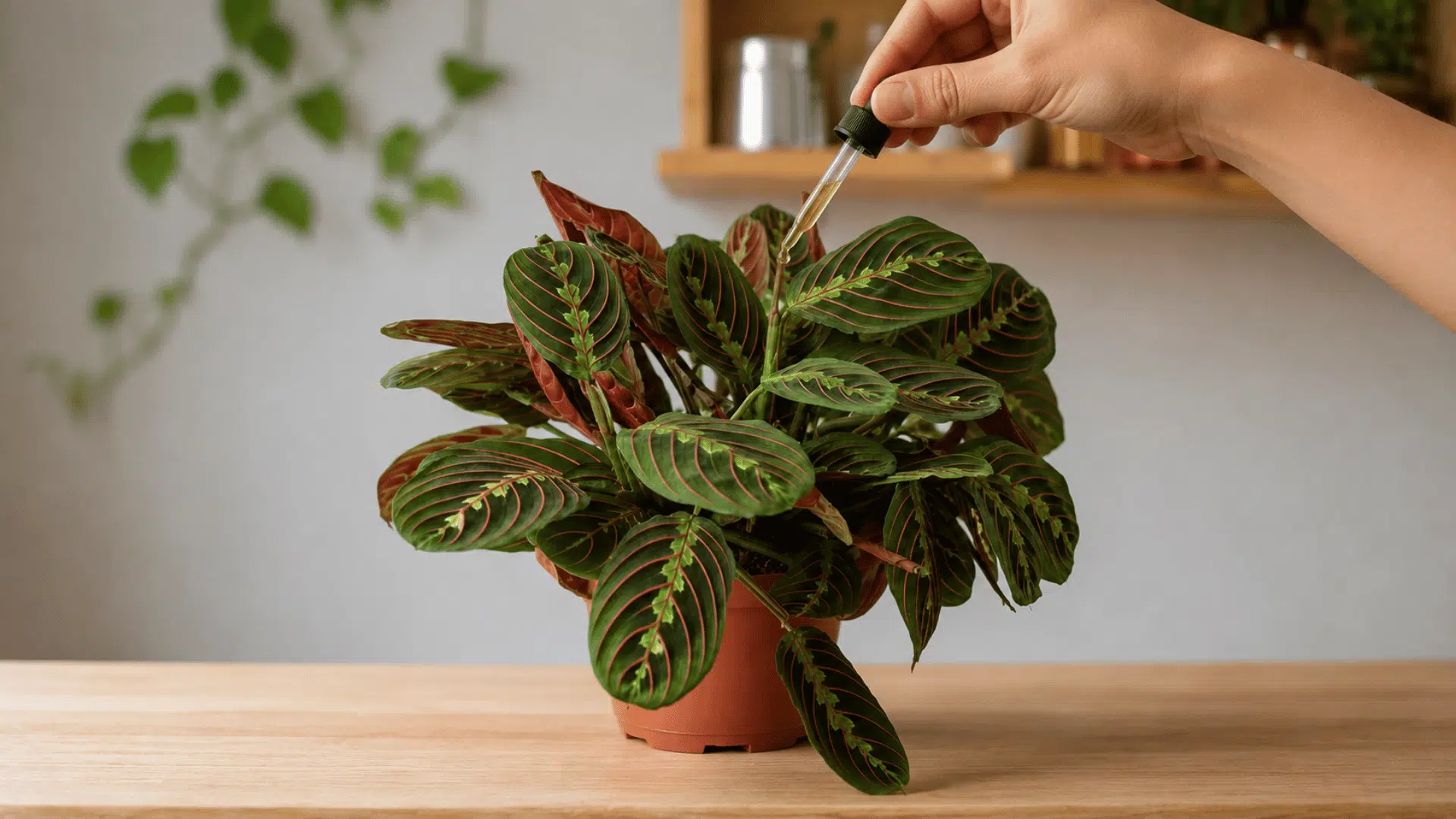hand applying liquid fertilizer with a dropper to a healthy prayer plant on a wooden table in a bright indoor space