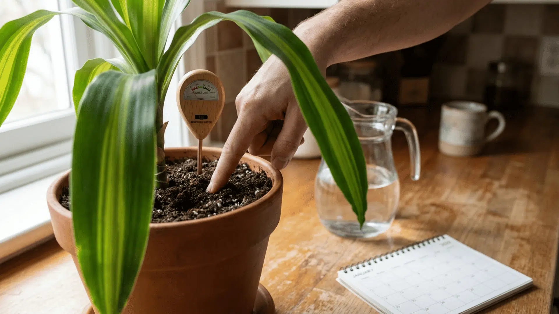 hand checking soil moisture in a corn plant pot before watering with a jug of filtered water nearby
