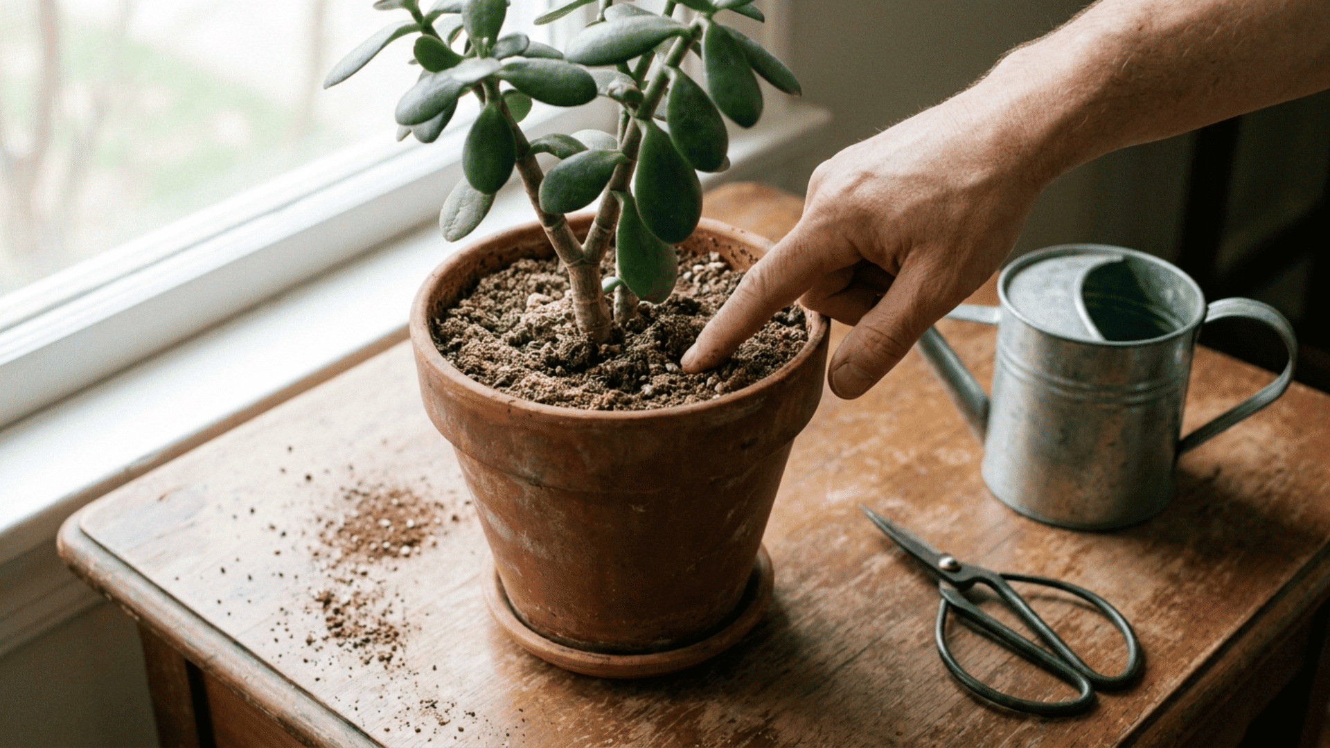 hand checking the dry topsoil of a jade plant beside a watering can and pruning scissors on a table