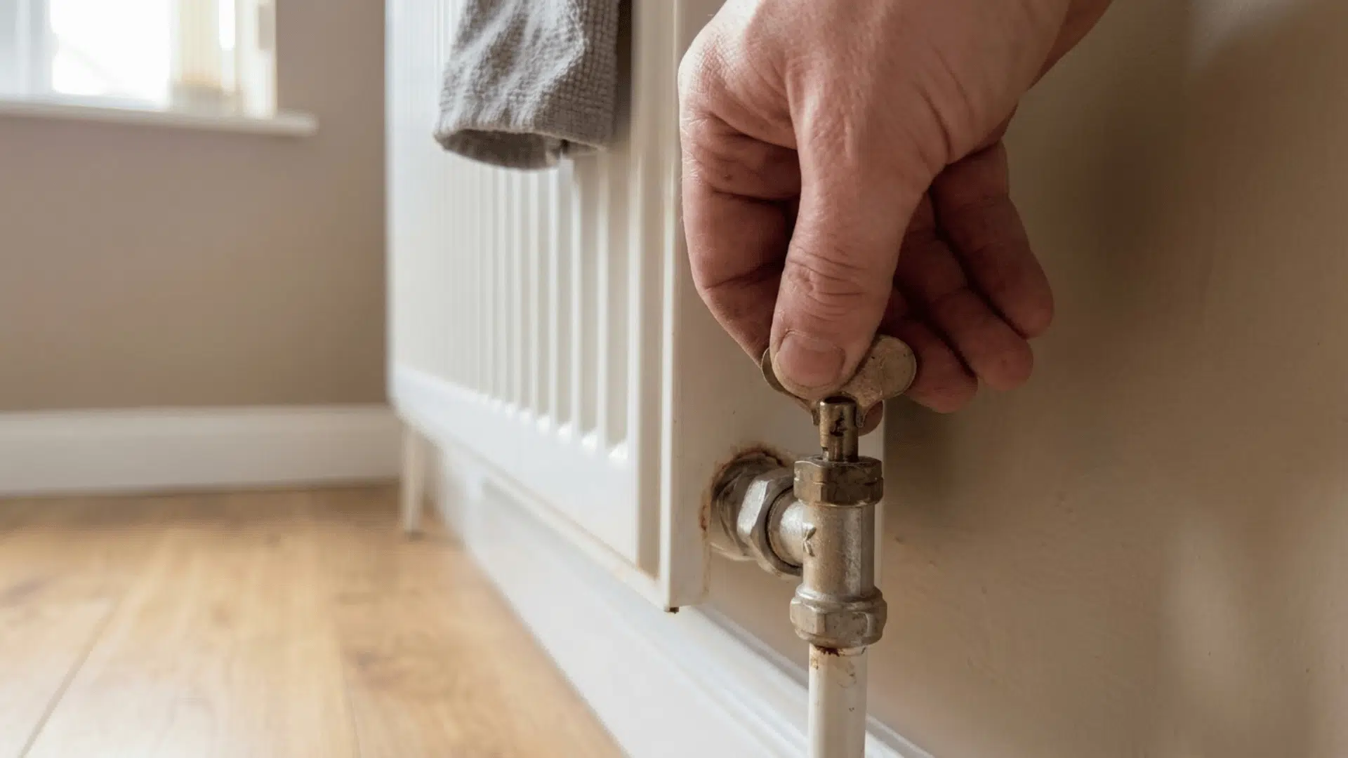 hand closing a radiator bleed valve with a key while a rag rests on the radiator top