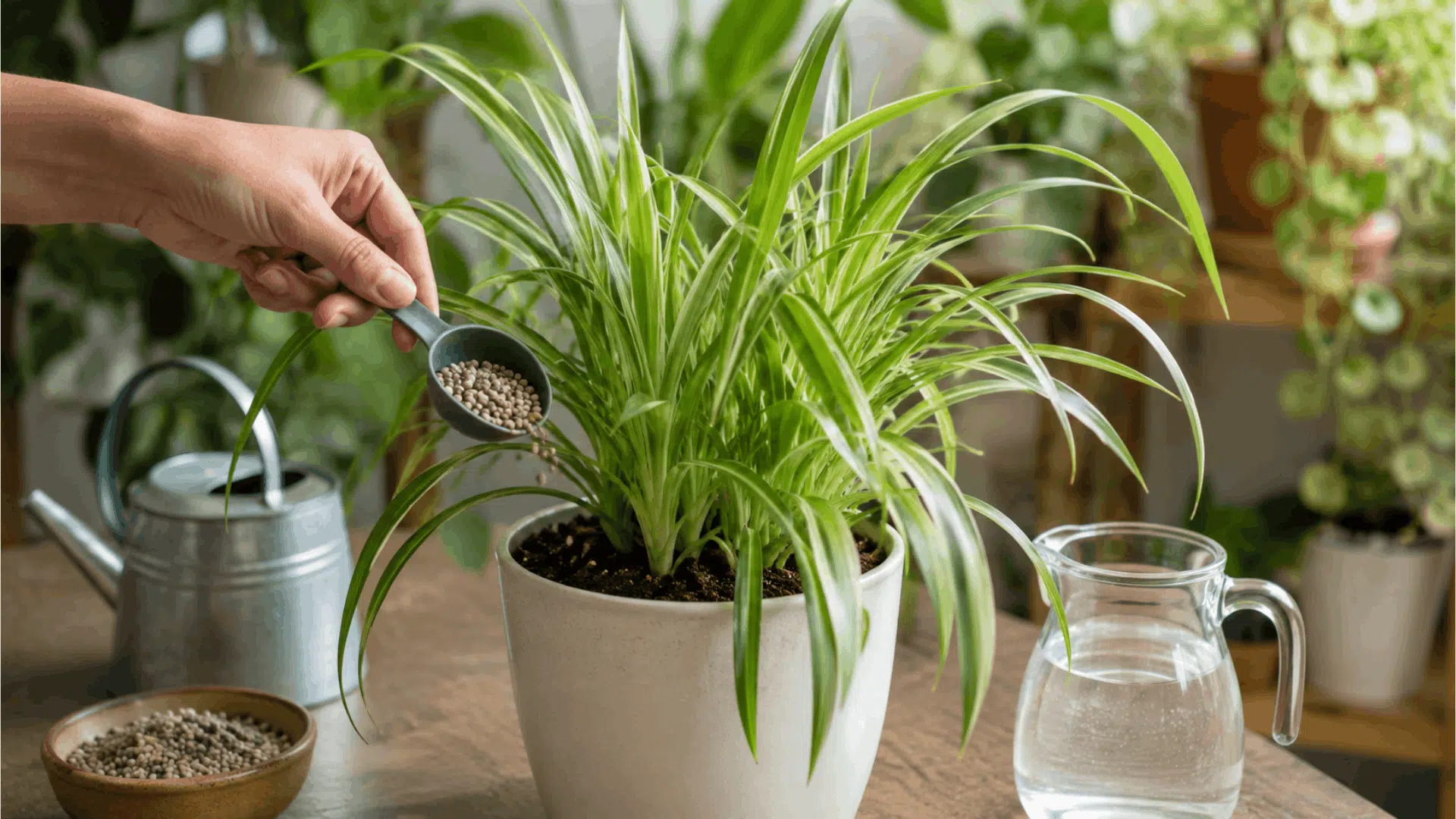 hand fertilizing a healthy spider plant in a white pot with gardening tools and water nearby indoor natural light scene
