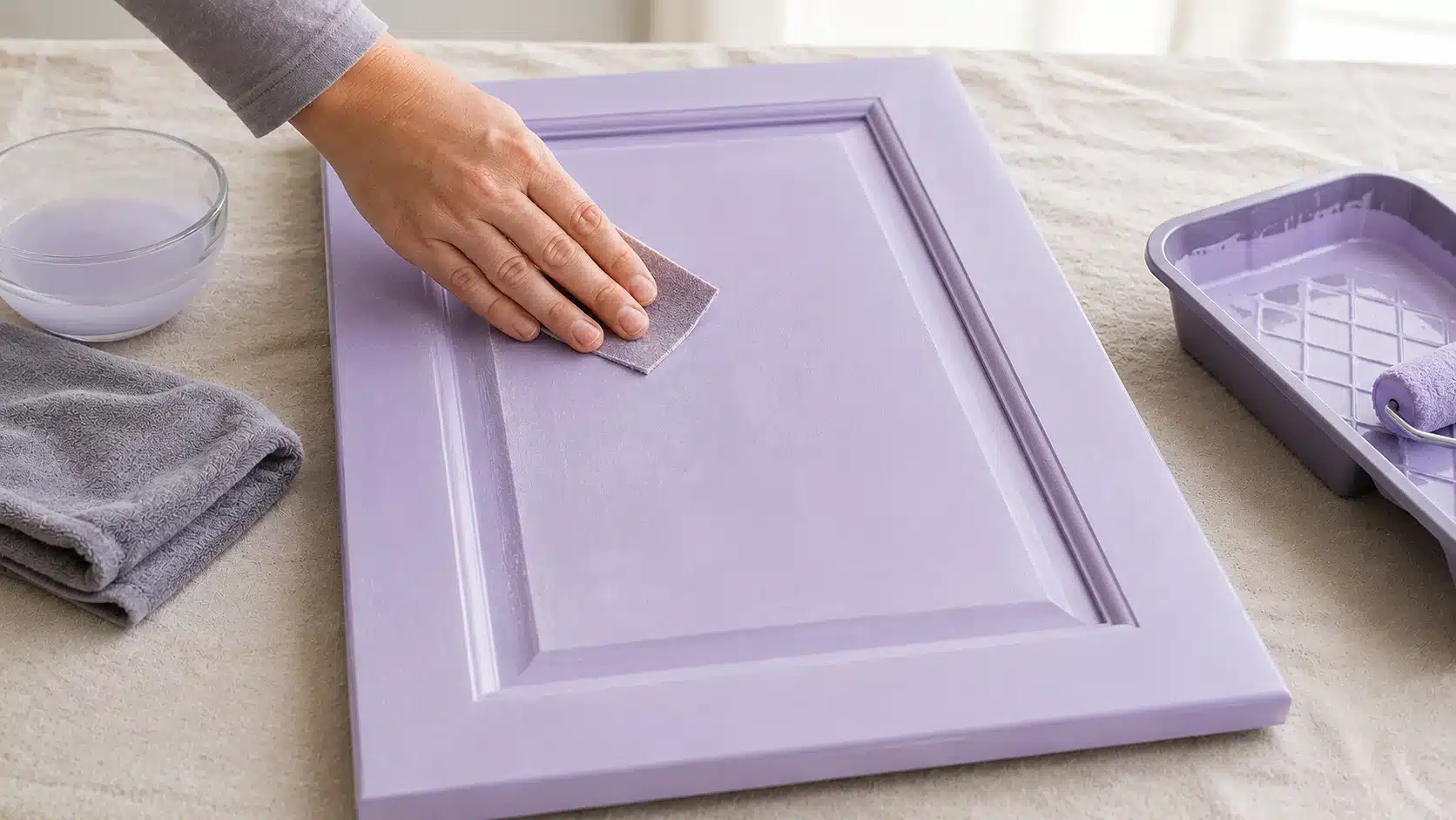 hand lightly sanding a lavender enamel painted cabinet door between coats in a bright diy workspace