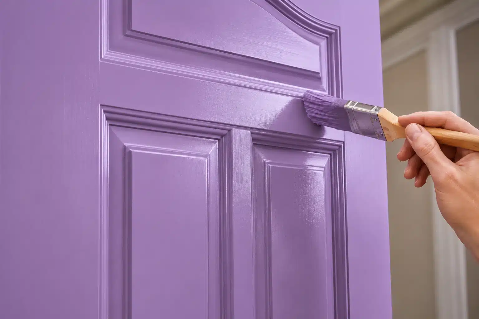 hand painting a glossy purple enamel door with raised panels and smooth decorative trim