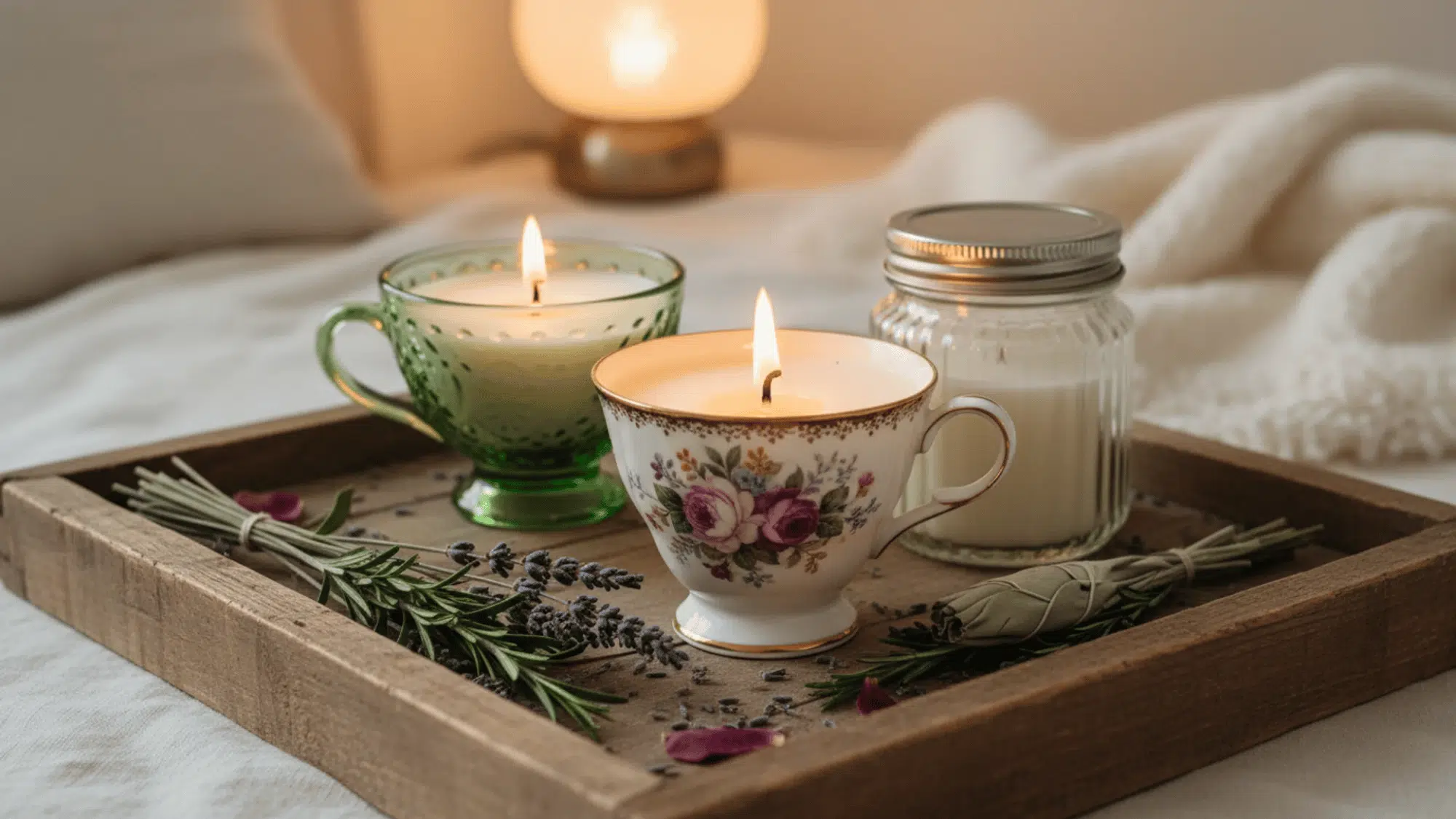 hand-poured soy candles in vintage teacups and a jar on a wooden tray with herbs