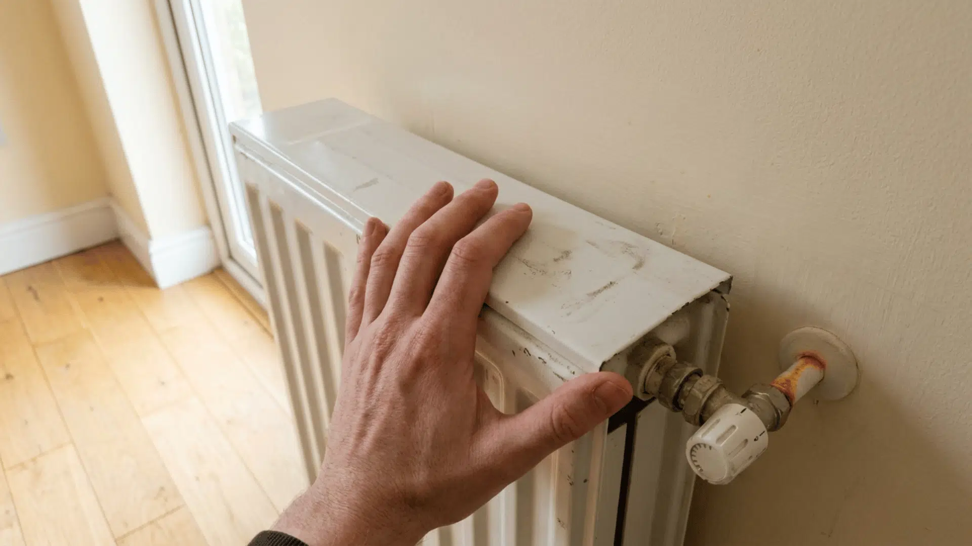 hand pressed against the top of a white radiator feeling for a cold spot in a home