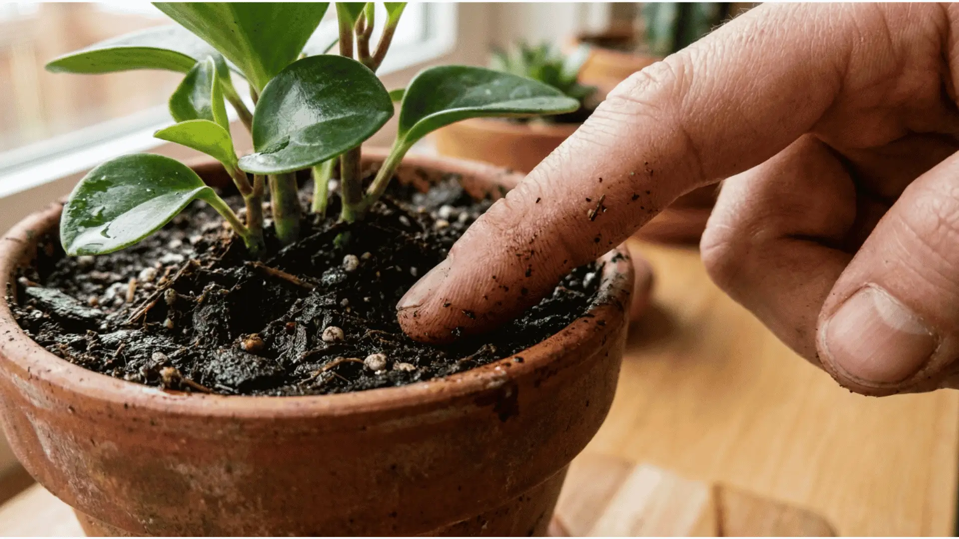 hand pressing a finger into dry soil to check a peperomia raindrop plant before watering