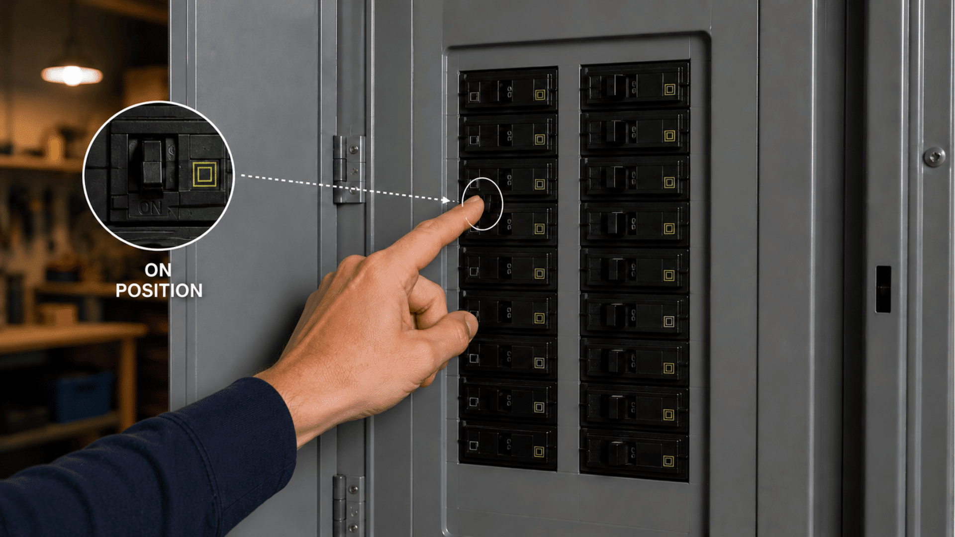 hand resetting electrical breaker to on position after successful circuit breaker reset