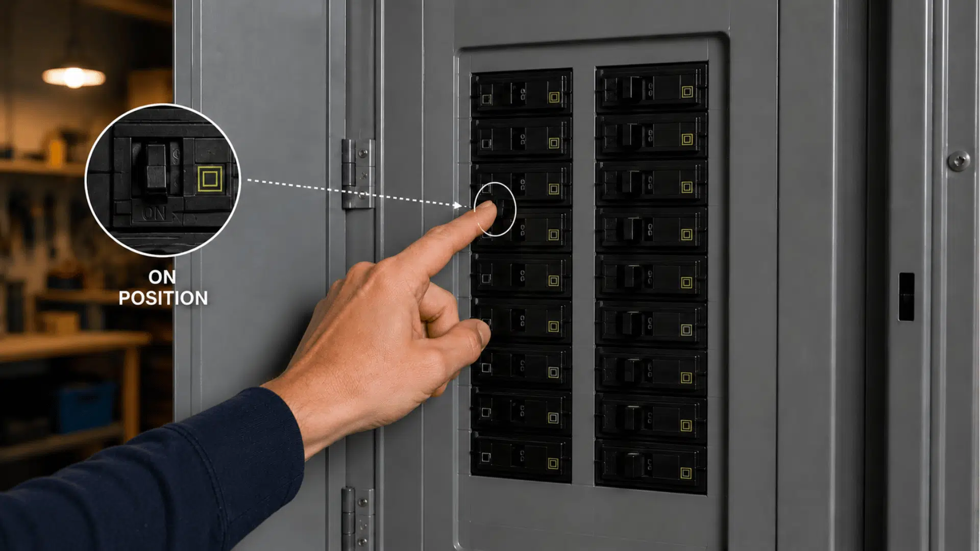 hand resetting electrical breaker to on position after successful circuit breaker reset