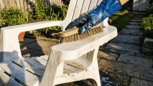 hand scrubbing outdoor chair with brush and soapy water