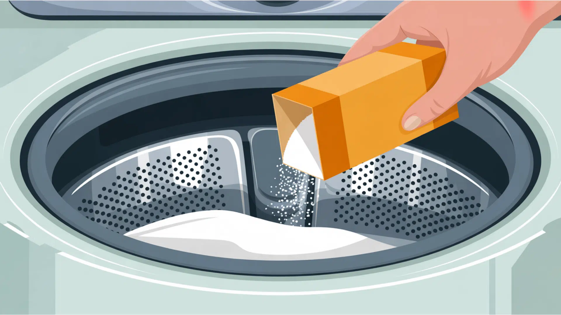 hand sprinkling baking soda from a cardboard box inside a washing machine drum to scrub away leftover grime