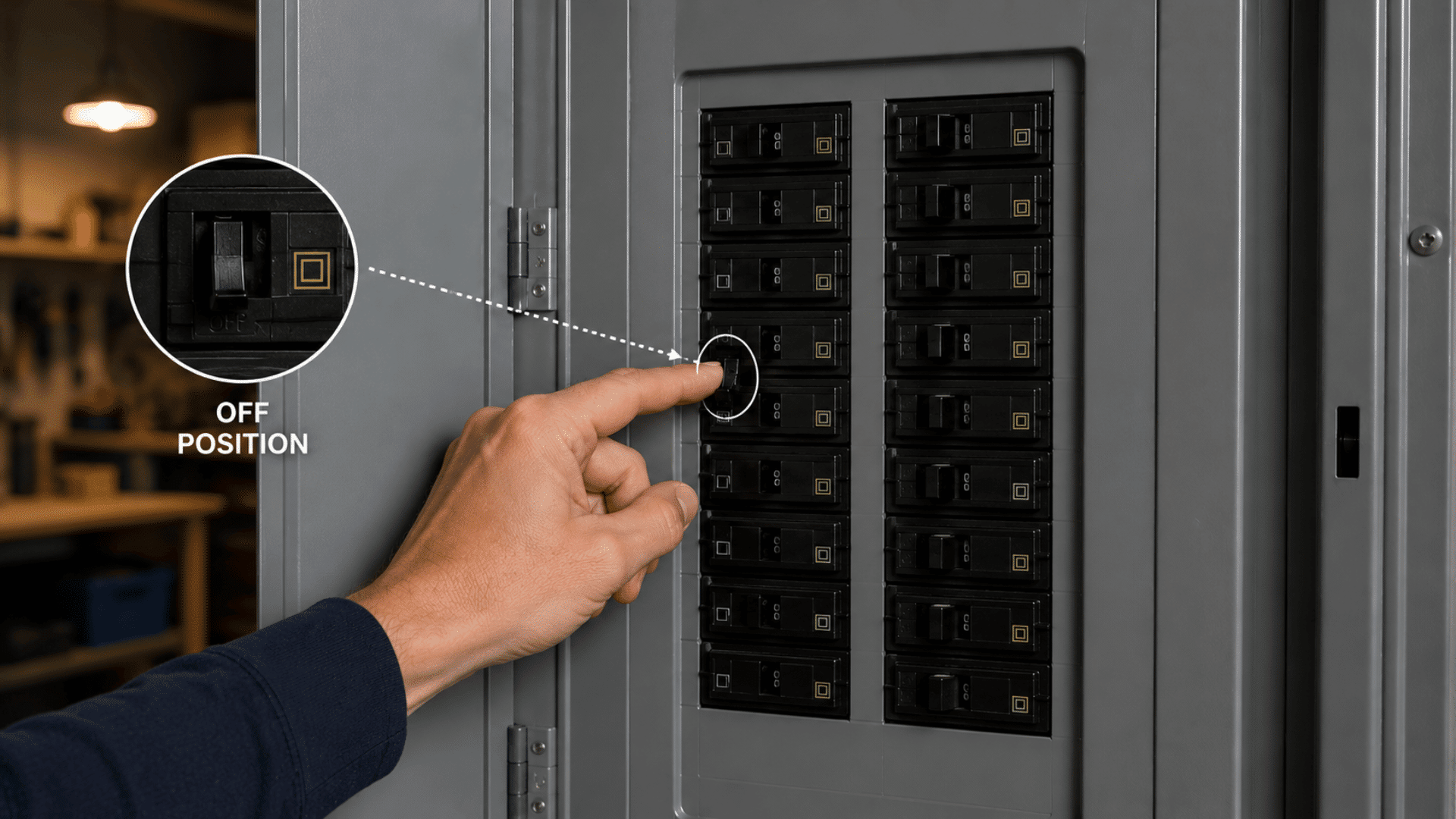 hand switching electrical breaker fully to off position inside residential breaker panel