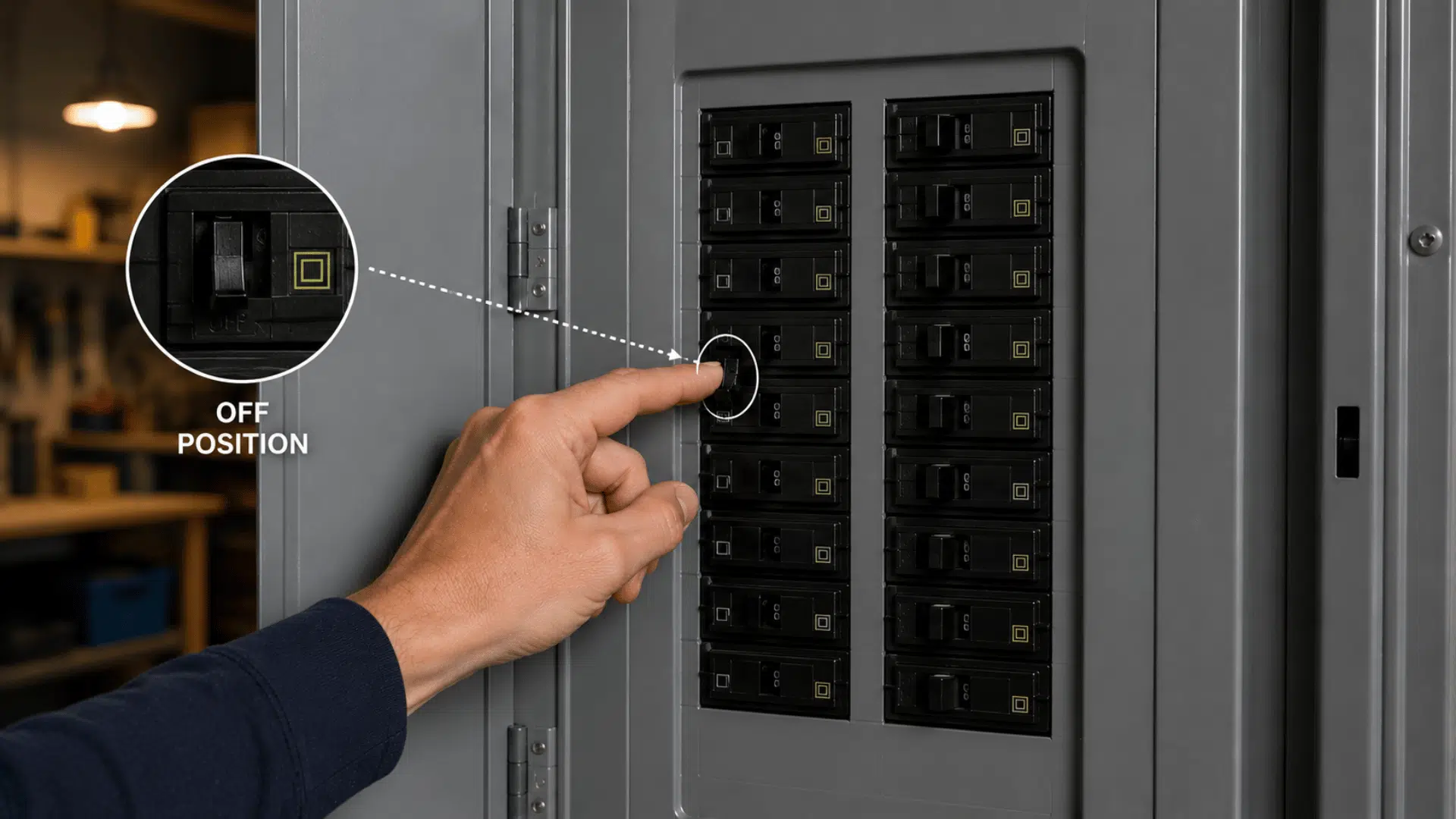 hand switching electrical breaker fully to off position inside residential breaker panel