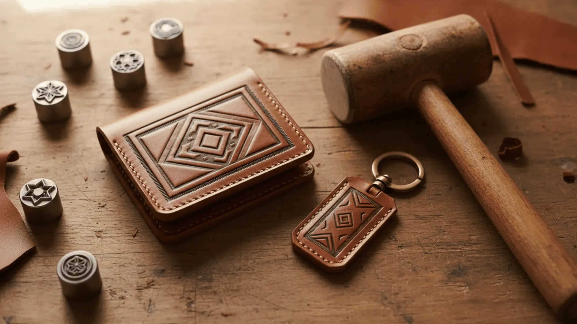 hand-tooled brown leather wallet and keychain on a workbench with leather tools