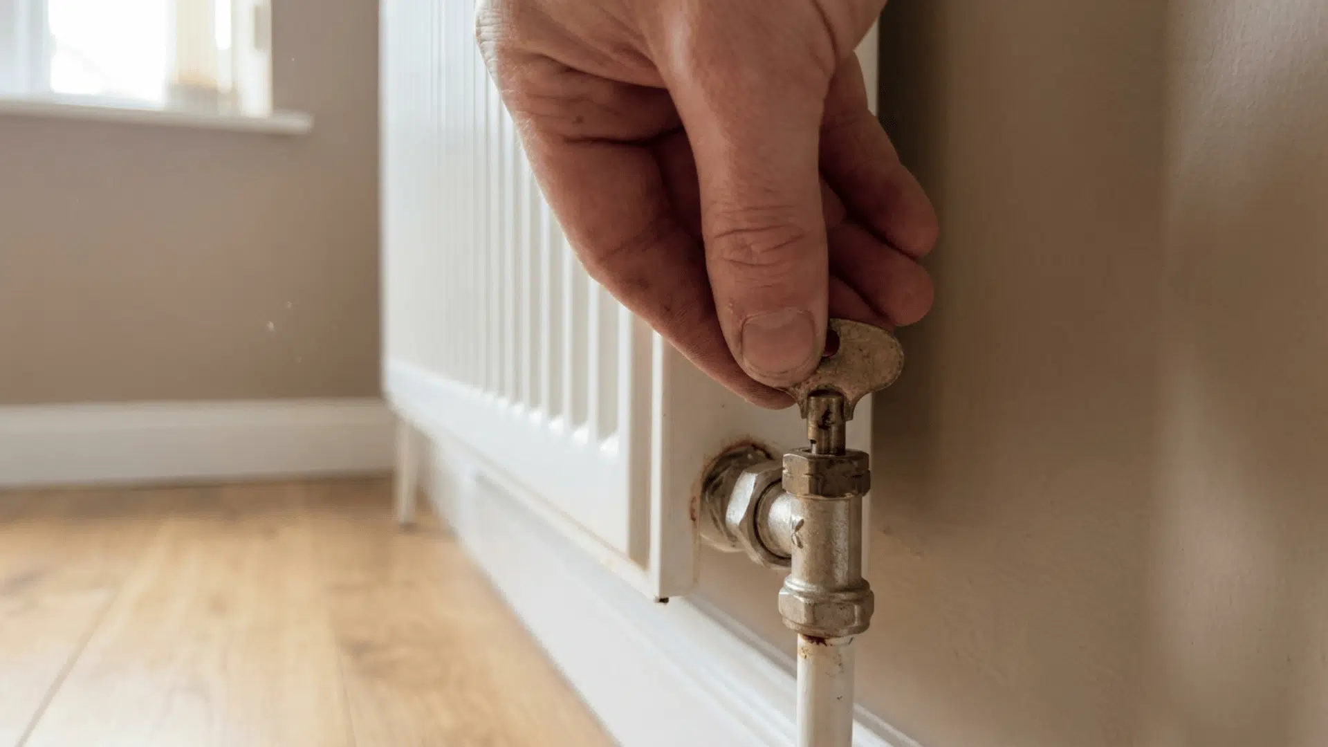 hand turning a radiator bleed key anti clockwise to open the valve at the top of a radiator