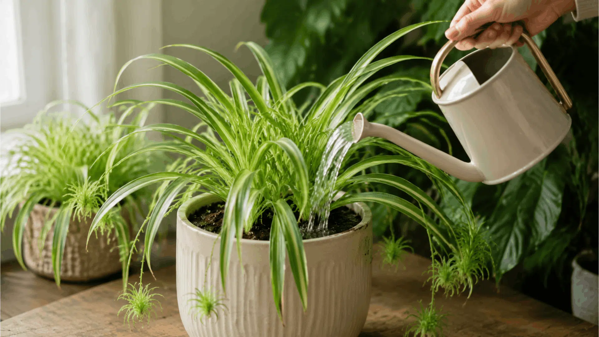 hand watering spider plant in pot with long green leaves in bright indoor home setting natural light (1)