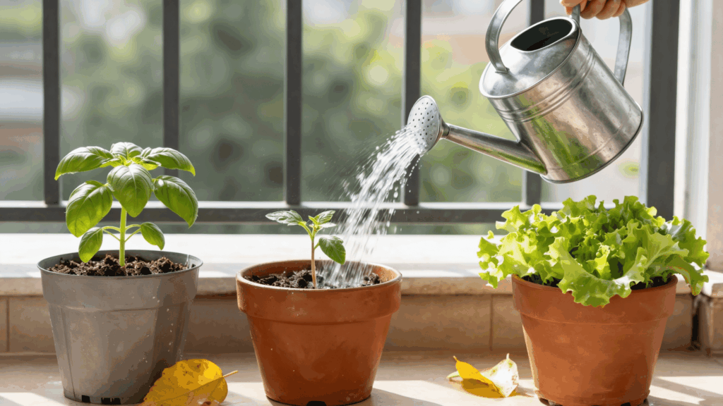 hand waters three potted plants on a balcony with a watering can the plants are basil a seedling and lettuce