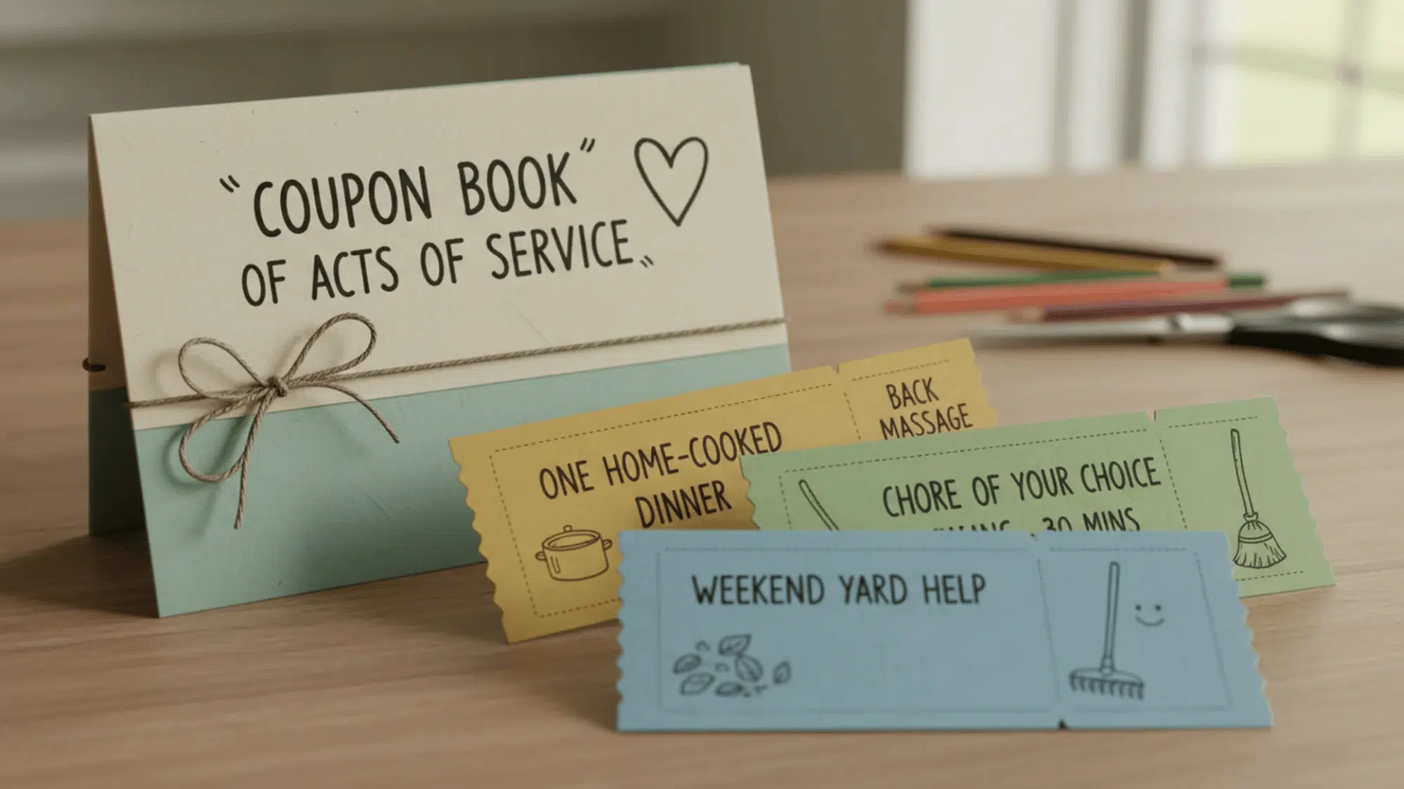 handmade coupon booklet with handwritten vouchers, twine binding, on a wooden desk