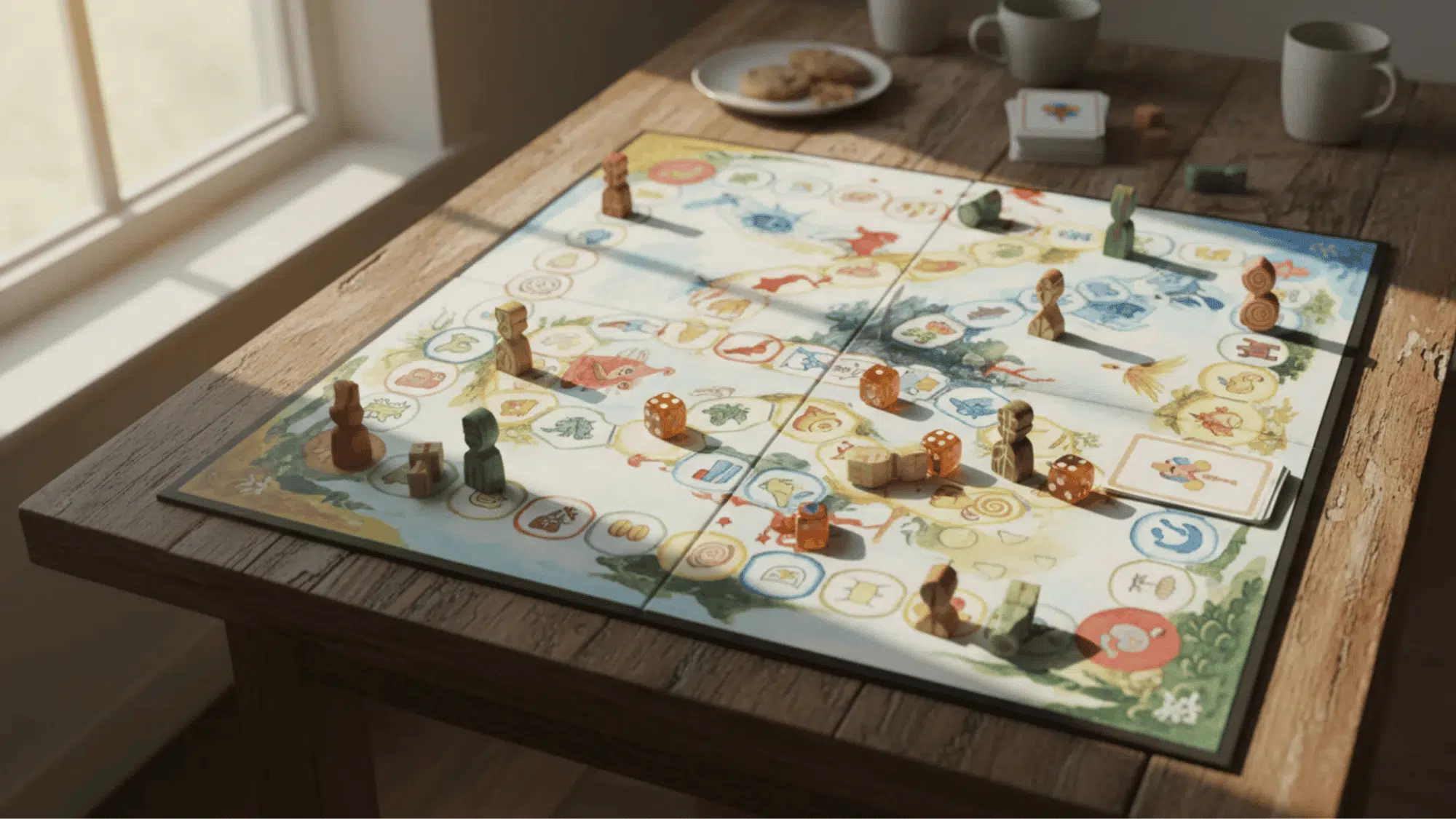 handmade illustrated board game with playing pieces, dice, and cards on a wood table
