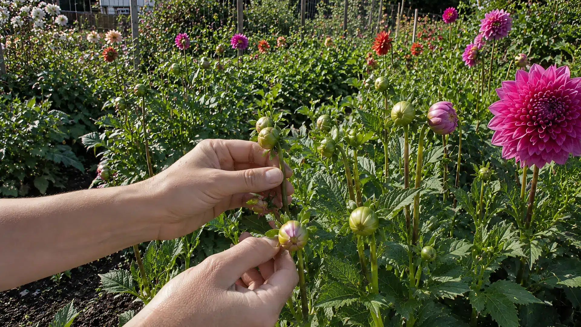 hands checking dahlia flower buds in a natural cottage garden with blooming pink flowers, green foliage, and warm summer sunlight in the background