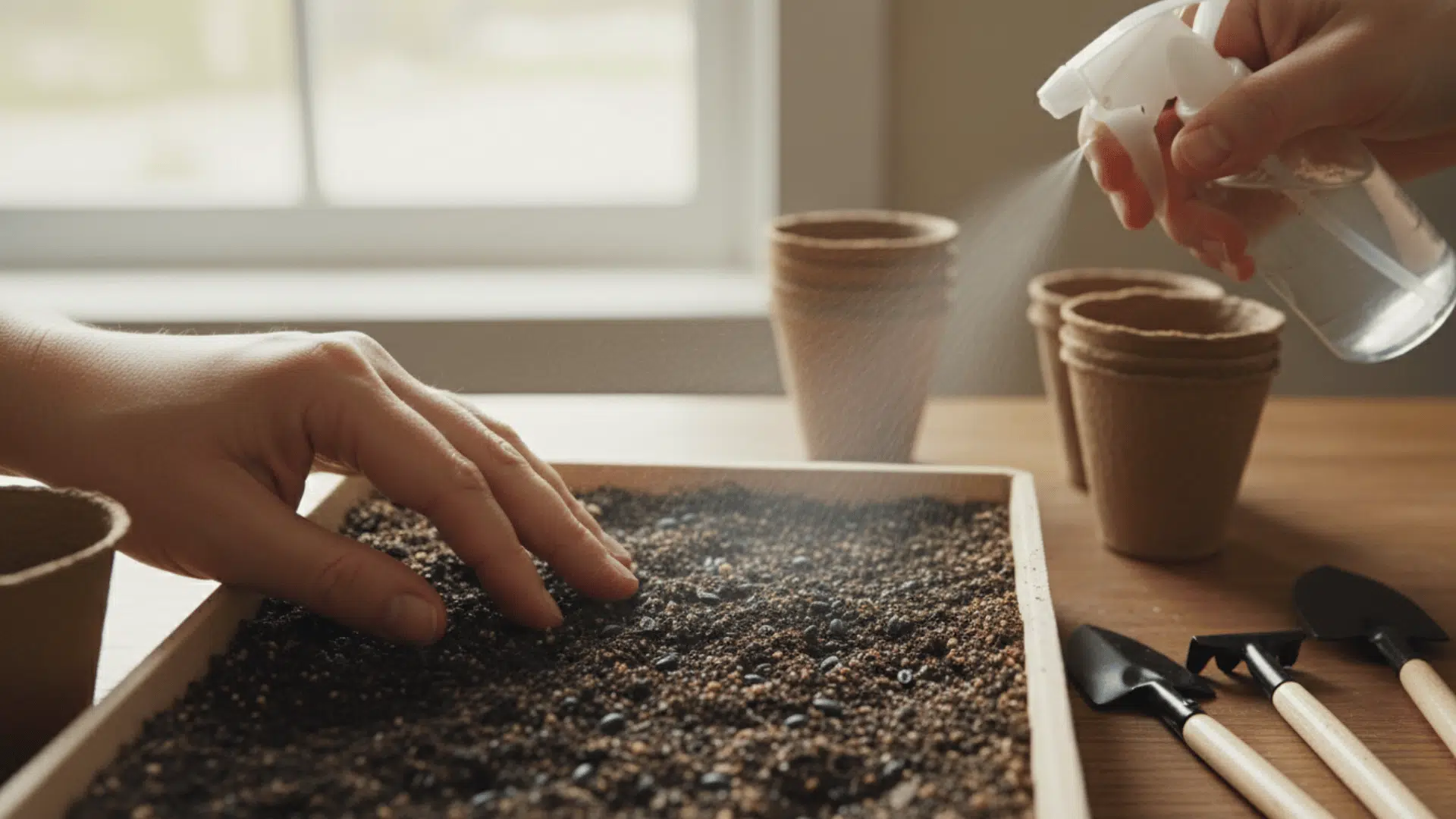Hands gently pressing blue-eyed grass seeds into a shallow tray of seed-starting mix while a spray bottle lightly mists the soil.