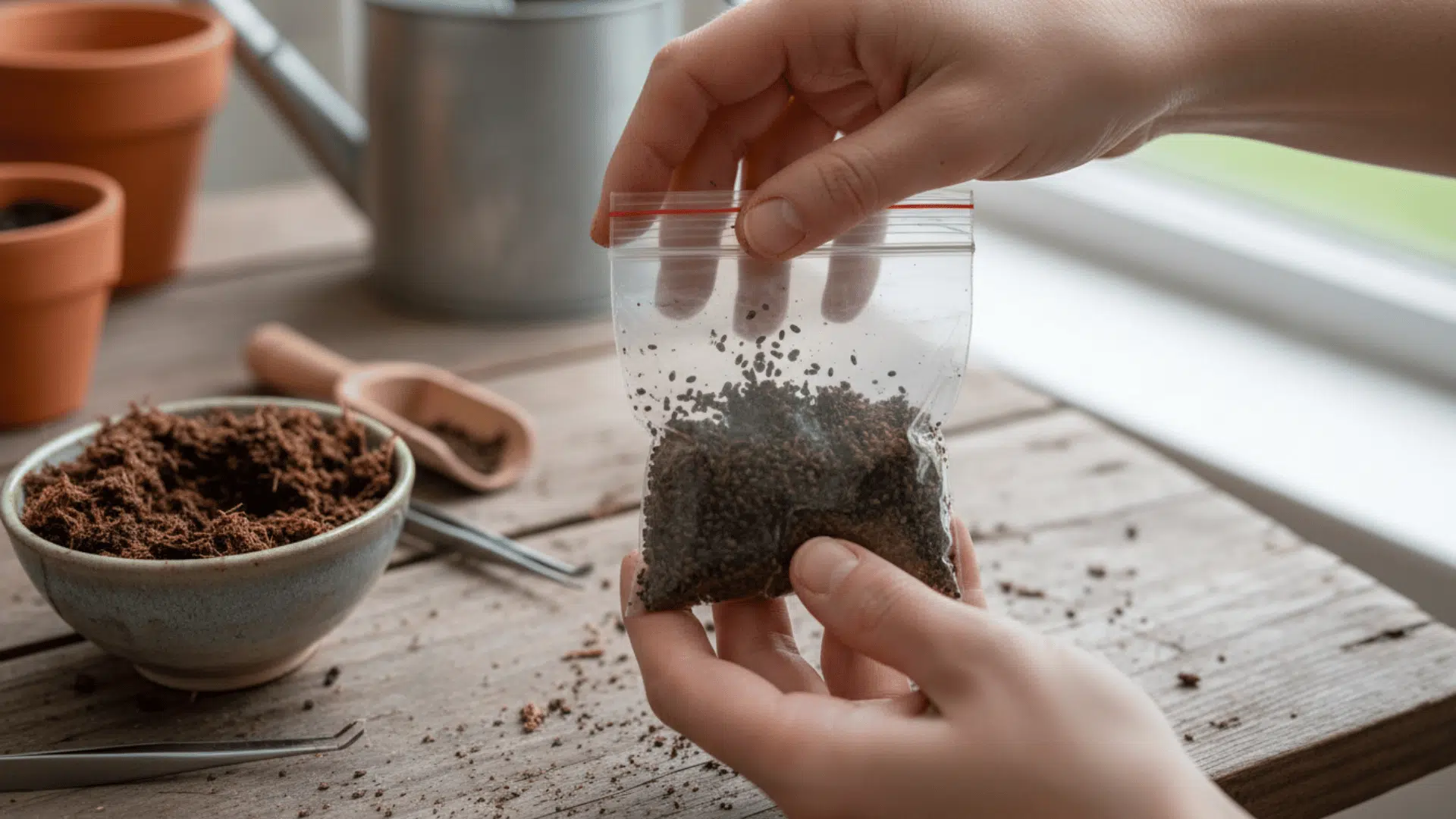 Hands holding a small plastic bag filled with blue eyed grass seeds and damp peat moss on a wooden gardening table beside pots and gardening tools near a bright window.