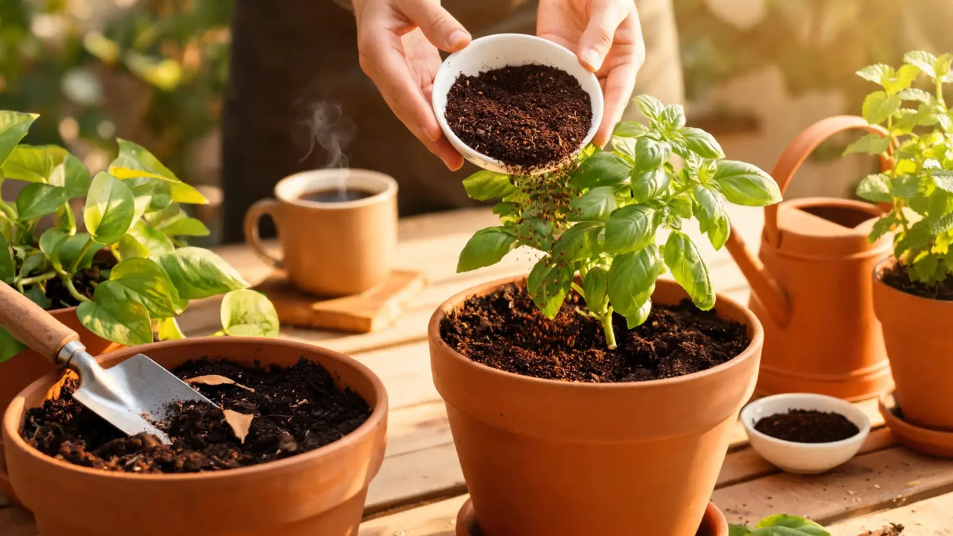 Hands pouring dark coffee grounds from a white bowl onto a potted green plant