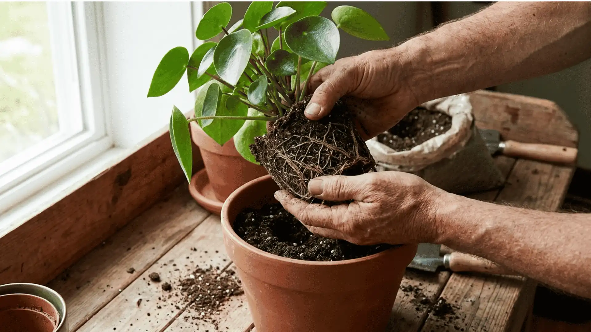 hands repotting a peperomia raindrop plant from a small terracotta pot into a larger one