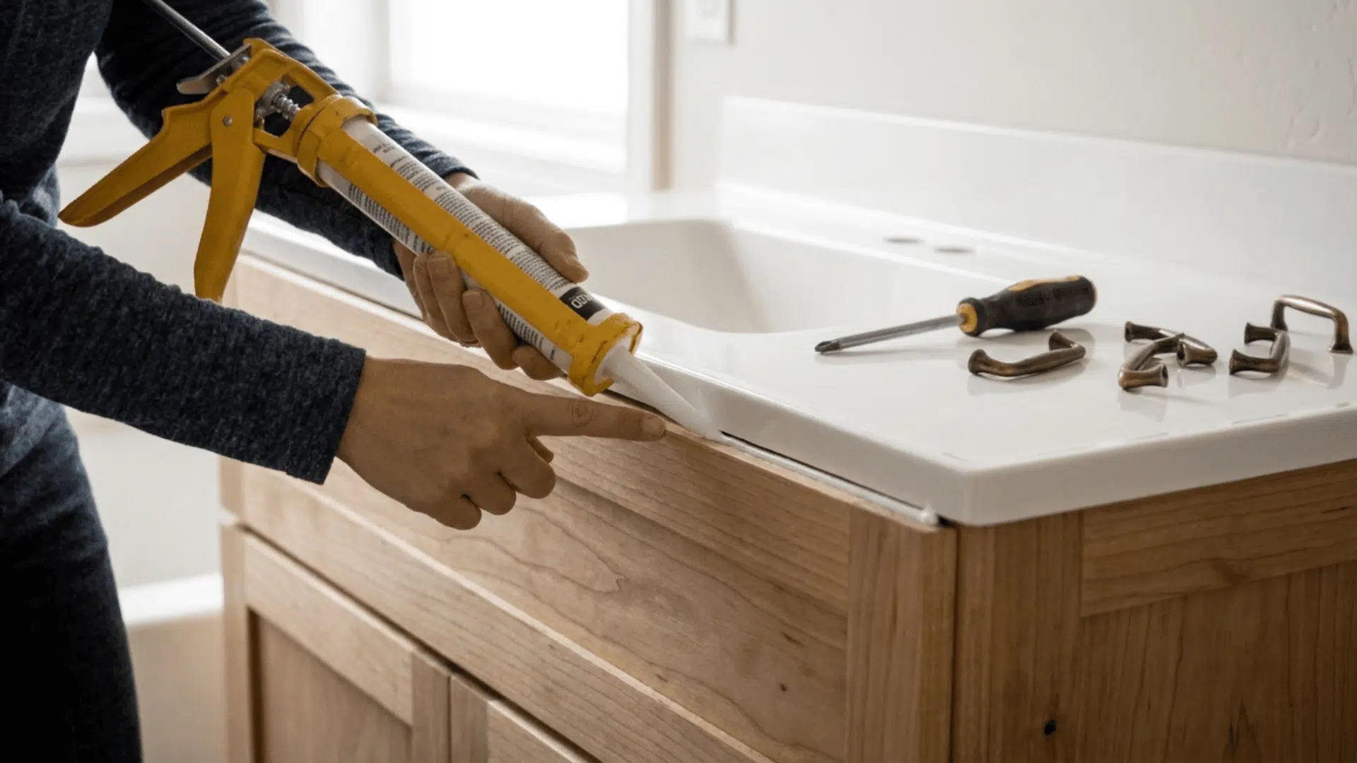 hands running a bead of silicone along the top edge of a diy wood vanity base in a home bathroom (1)