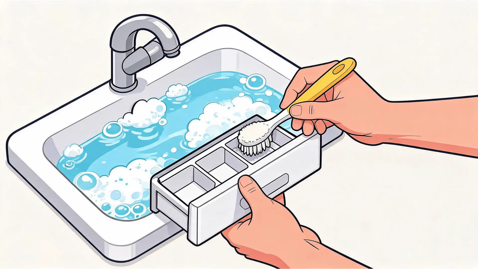 hands scrubbing a white washing machine detergent drawer over a soapy sink using an old toothbrush for a deep clean