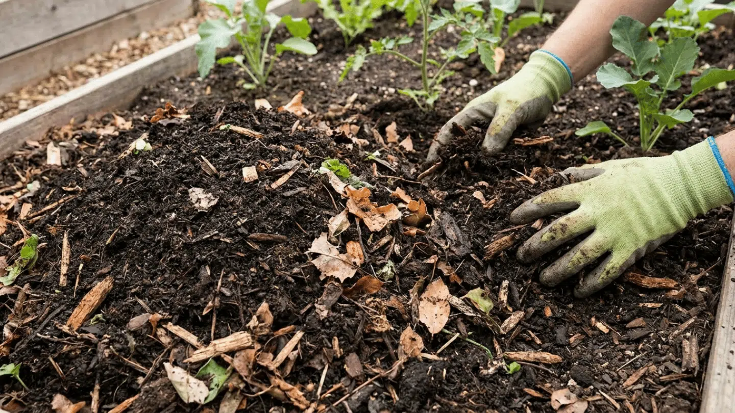 Hands wearing green gardening gloves spreading compost and mulch over a raised garden bed with young plants.