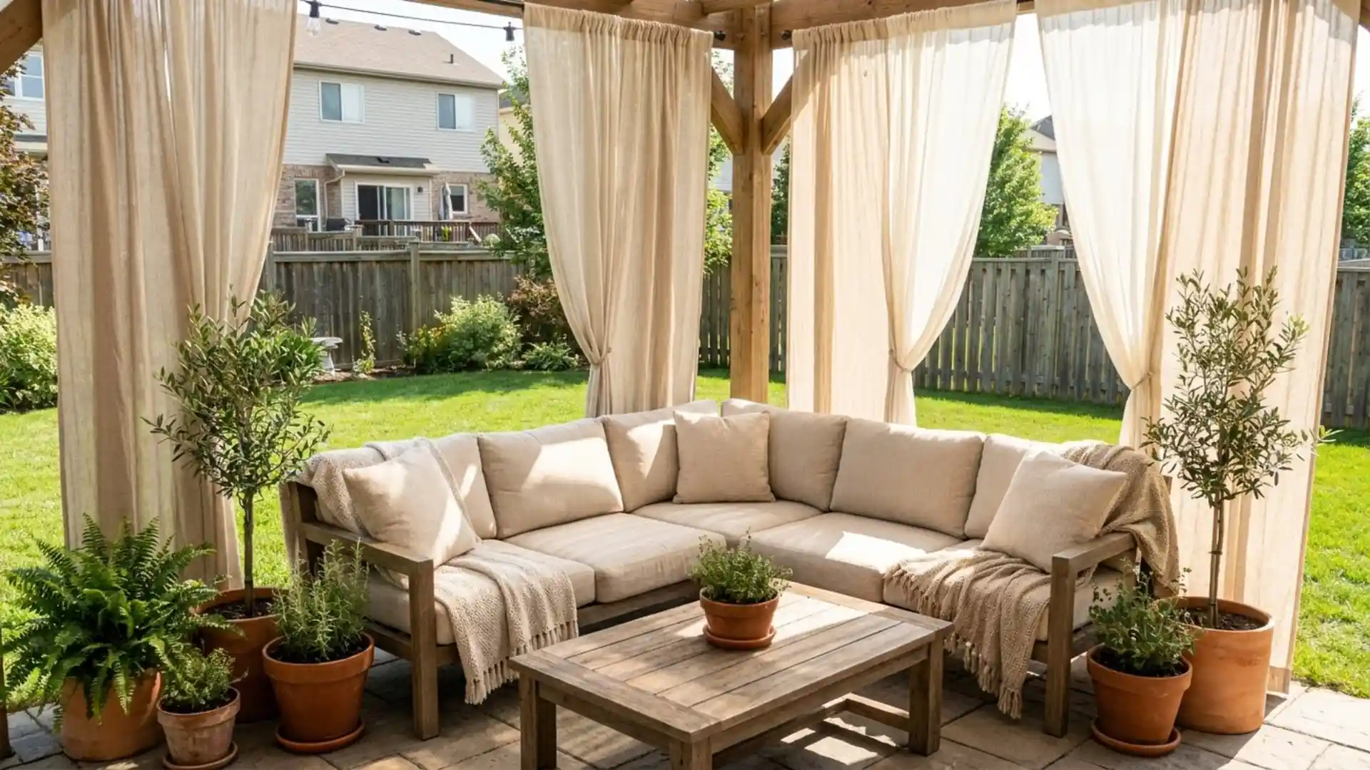 covered backyard pergola lounge with outdoor curtains, sectional seating, wood table, and potted plants in daylight