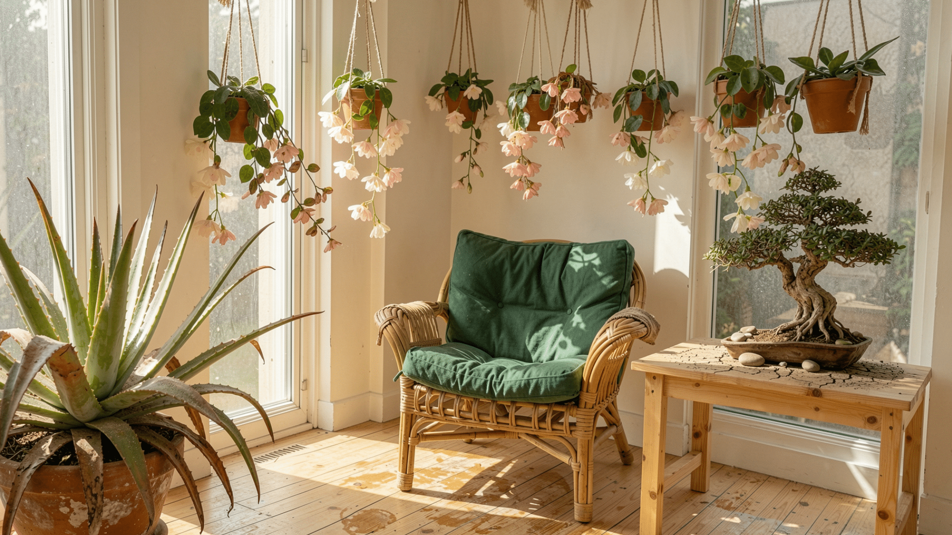 hanging planters wicker furniture with green cushions complete the look