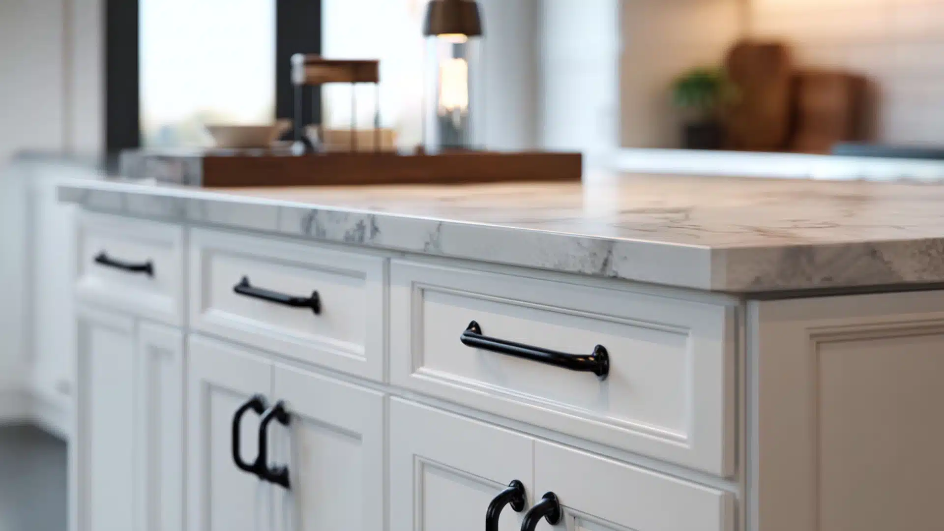 matte black bar pulls and cup hooks installed on white raised-panel kitchen island cabinet doors