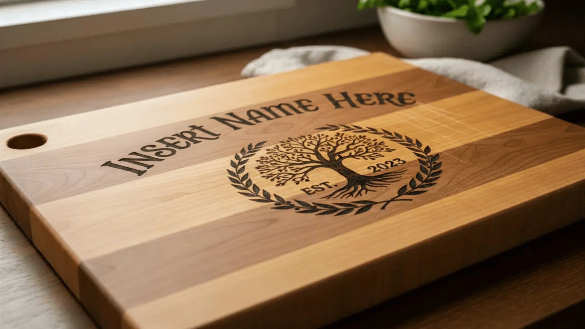 hardwood cutting board with a wood-burned name design on a linen napkin