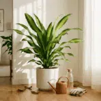 healthy corn plant with green and yellow striped leaves in a white pot near a bright window in a cozy living room