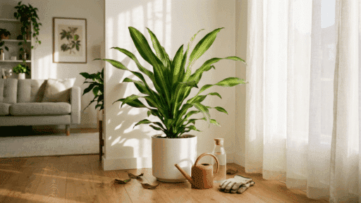 healthy corn plant with green and yellow striped leaves in a white pot near a bright window in a cozy living room