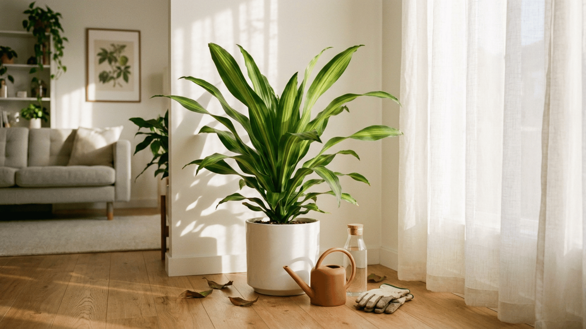 healthy corn plant with green and yellow striped leaves in a white pot near a bright window in a cozy living room