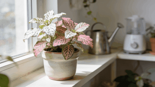 healthy nerve plant in a small pot near soft window light with indoor plant care items nearby
